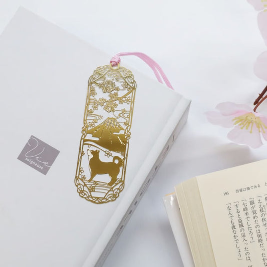 24K Gold Plated Japanese Bookmark Shiba Inu & Mount Fuji Made in Japan
