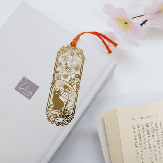 24K Gold Plated Japanese Bookmark Cat & Wagasa Parasol Made in Japan