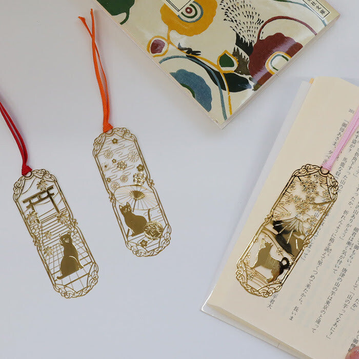 24K Gold Plated Japanese Bookmark Cat & Wagasa Parasol Made in Japan