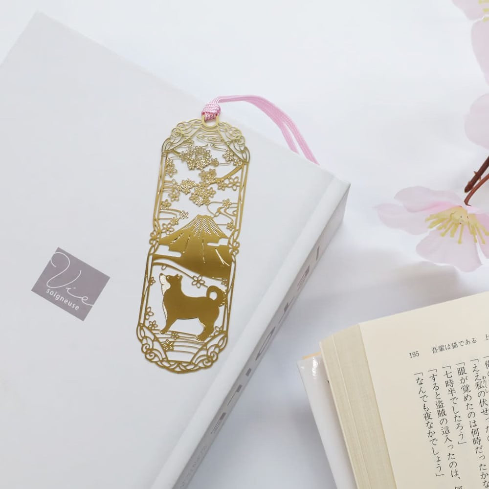24K Gold Plated Japanese Bookmark Shiba Inu & Mount Fuji Made in Japan