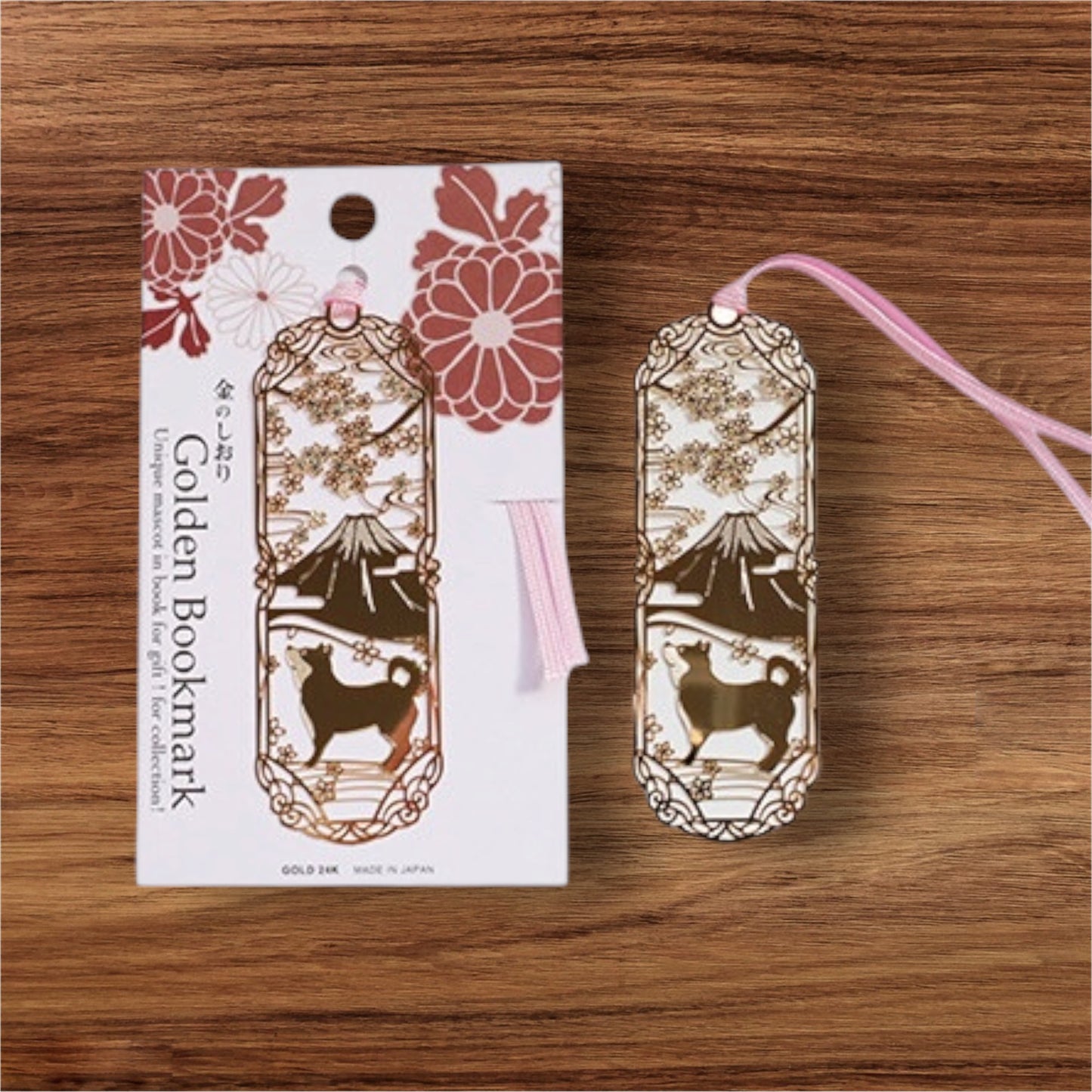 24K Gold Plated Japanese Bookmark Shiba Inu & Mount Fuji Made in Japan