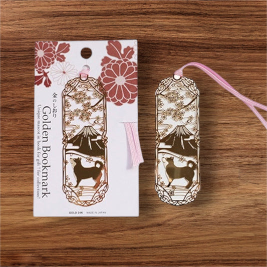 24K Gold Plated Japanese Bookmark Shiba Inu & Mount Fuji Made in Japan