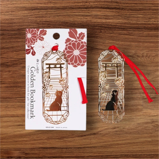 24K Gold Plated Japanese Cat Bookmark with Torii Gate – Made in Japan